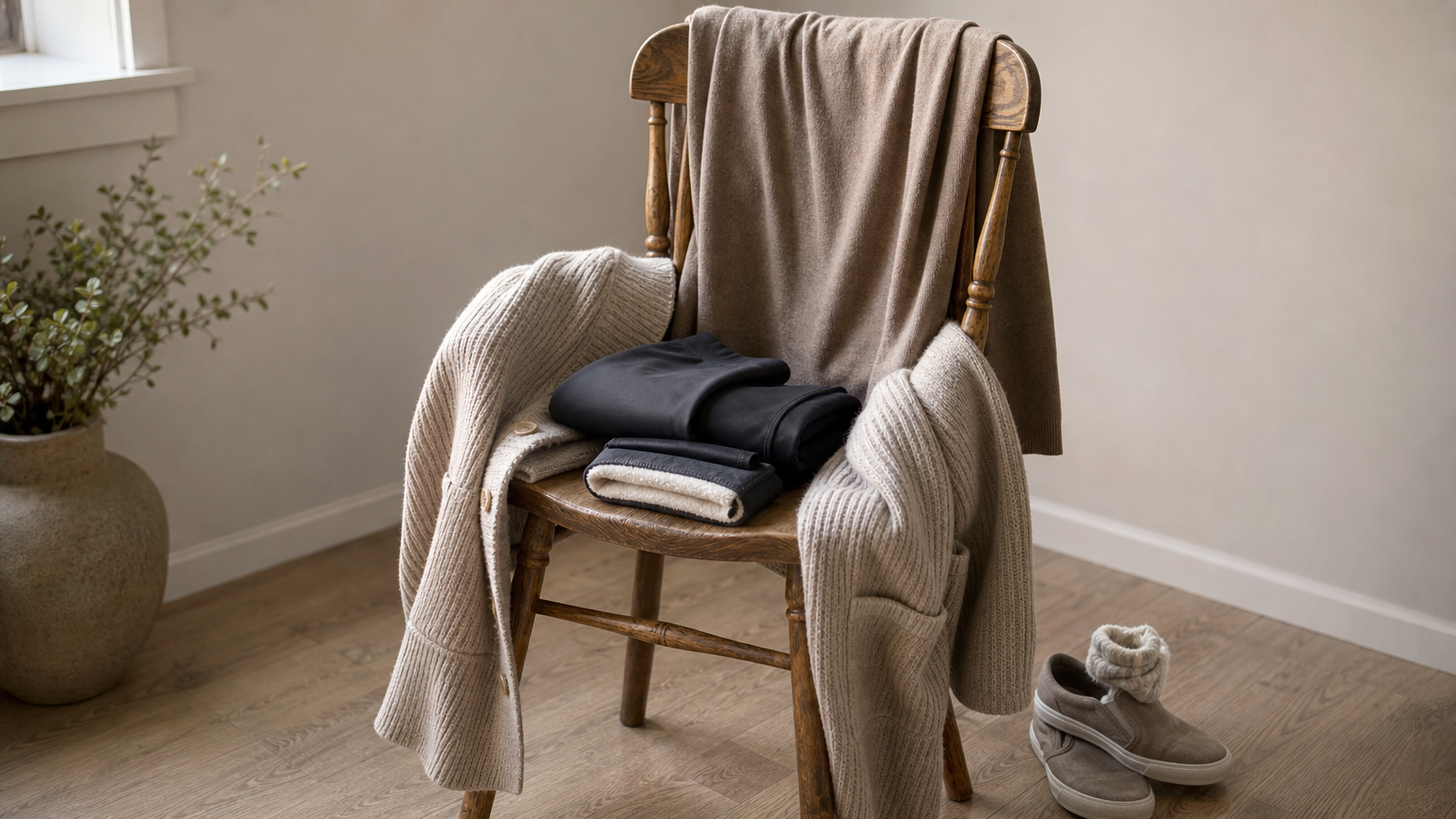 Folded leggings, a long tunic sweater, and an open cardigan arranged on a chair with slip-on sneakers below.