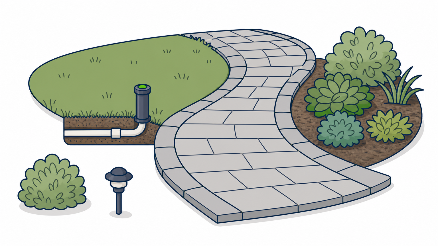 A curved paver walkway runs along a lawn edge next to a sprinkler head and a garden bed.