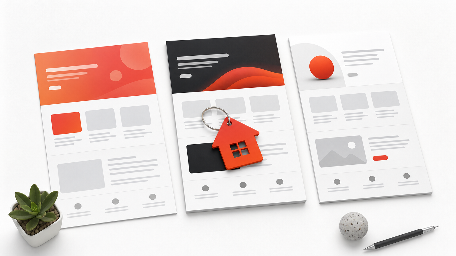 Three printed page mockups sit side by side on a desk, with a key card resting on the middle one.