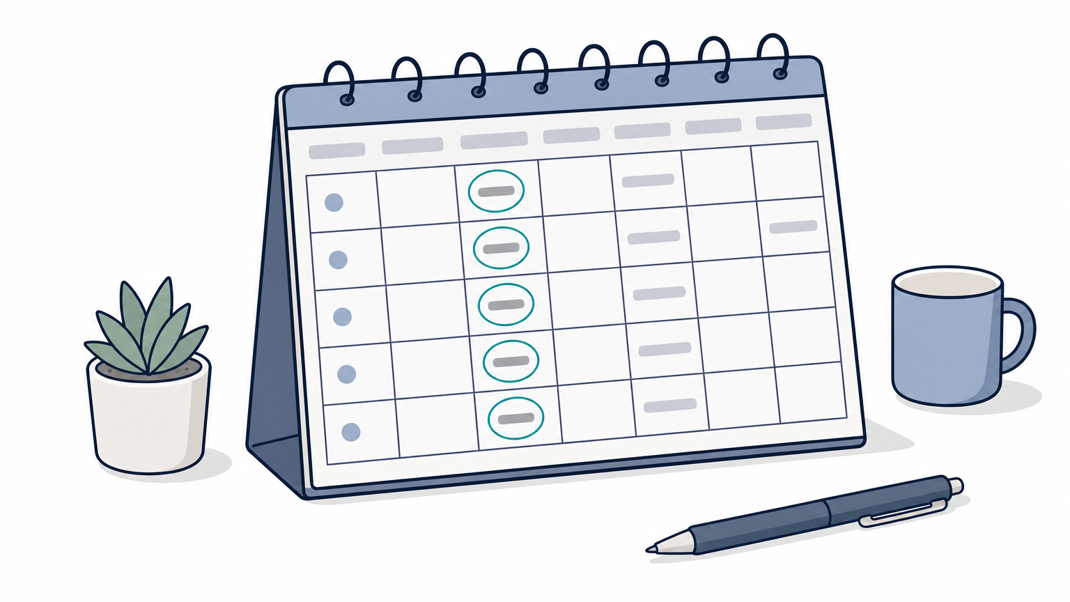 A wall calendar shows one patient's weekly sessions, with the same error circled on every week.