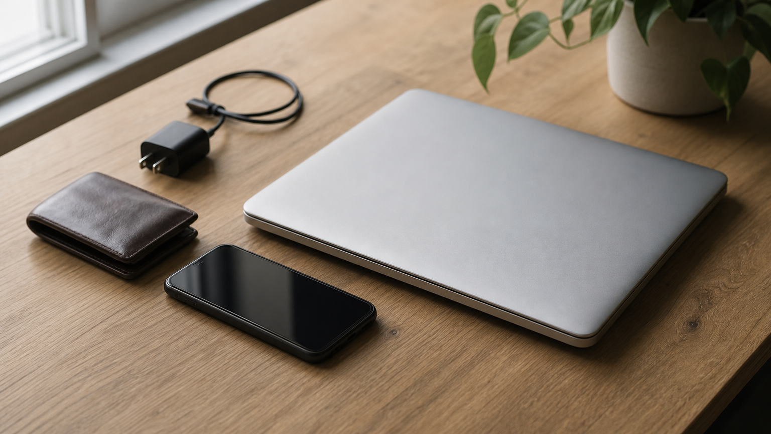 A smartphone rests beside a closed laptop on a desk with a wallet nearby.