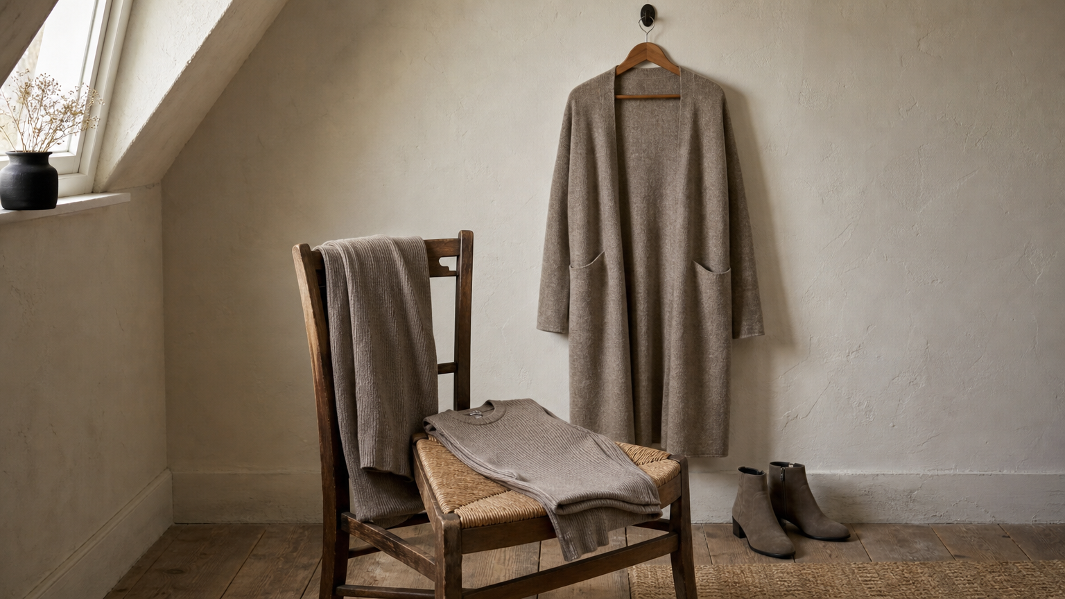 Knit trousers, a fitted top, a longline cardigan on a hanger, and block-heel boots arranged as a work outfit.