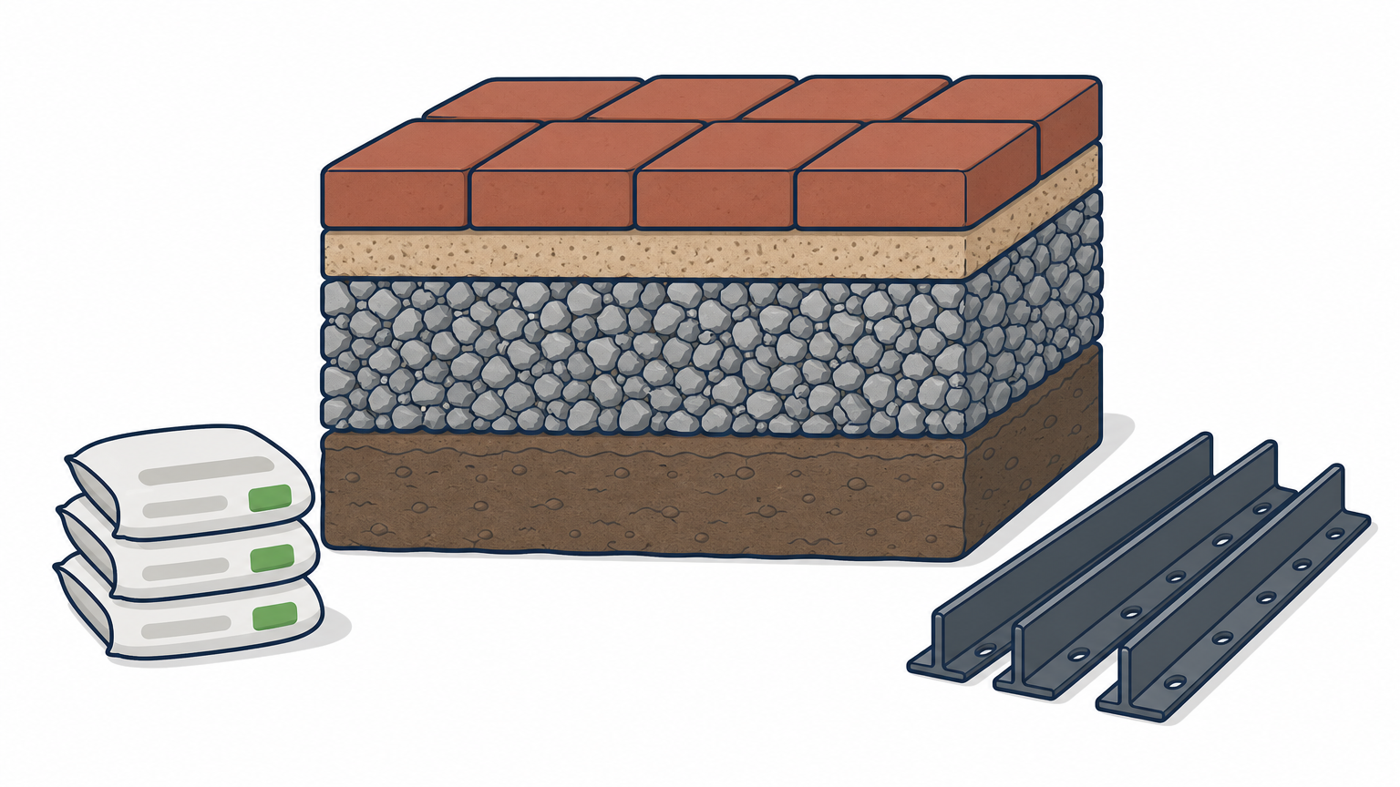 A cutaway view of a paver patio showing pavers, sand bedding, gravel base, and soil beneath.