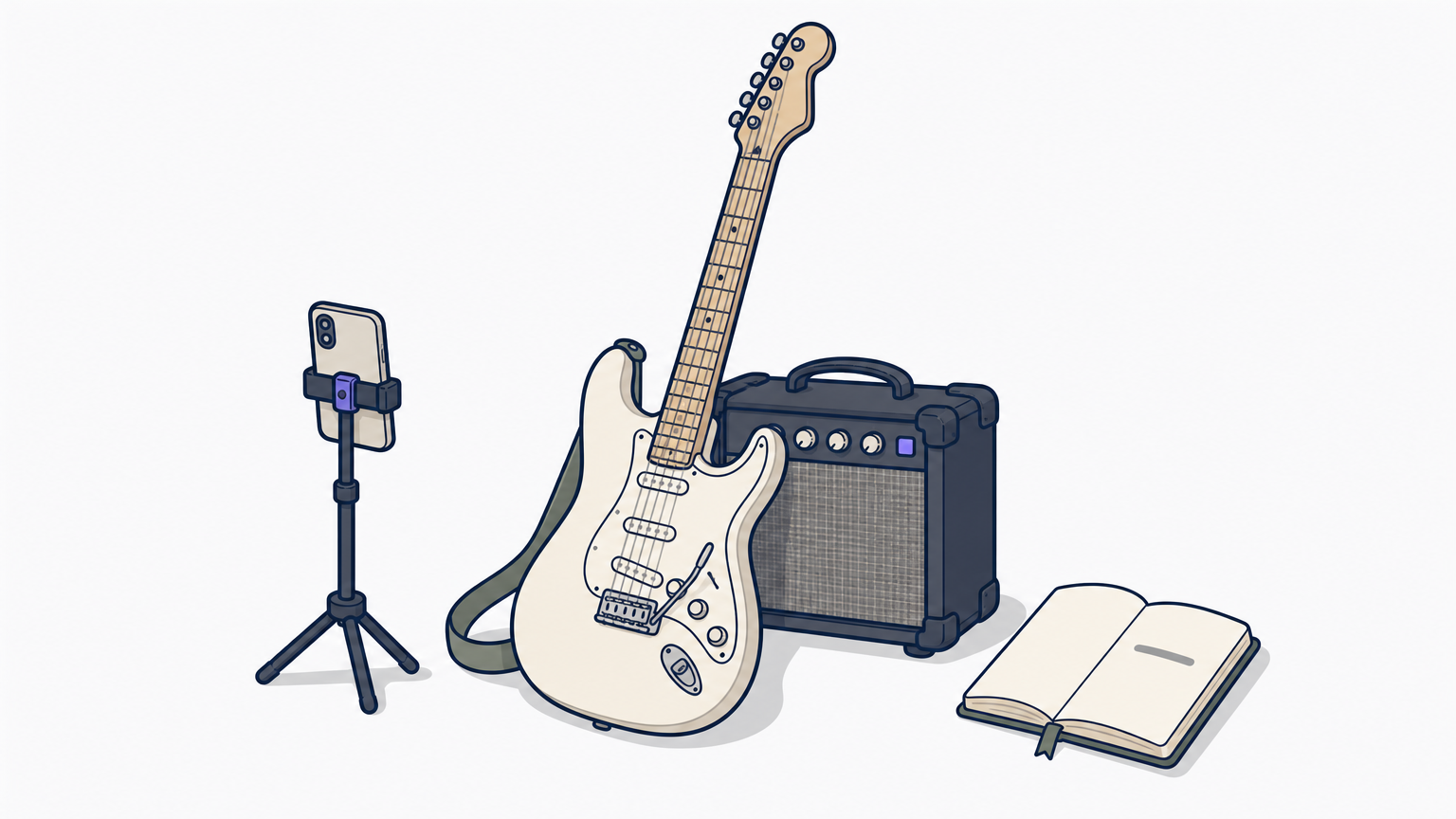 A guitar leans on an amp beside a phone on a stand recording, with a notebook open nearby.