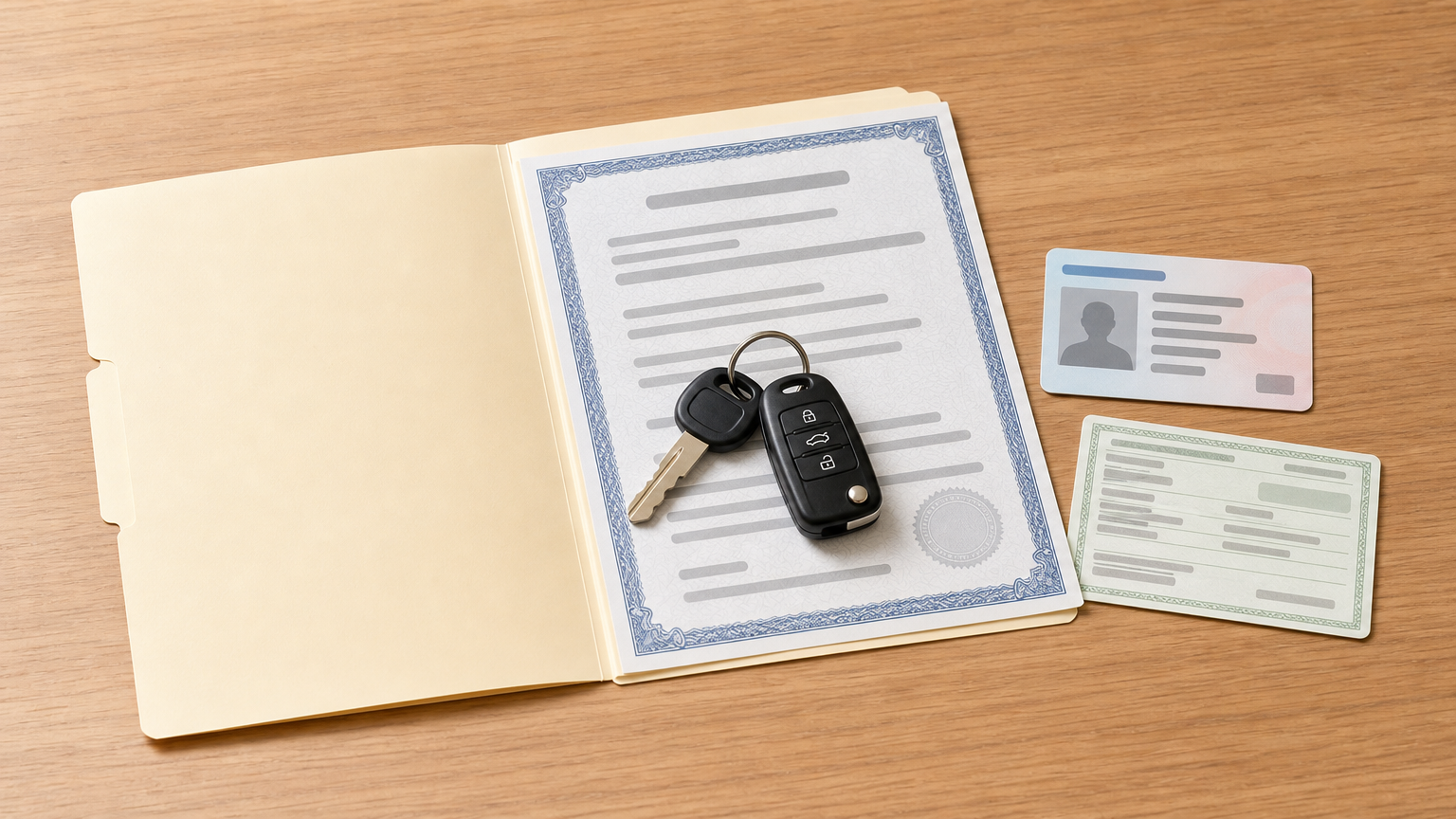 An open folder holding a car title, driver's license, and registration card, with car keys resting on top.