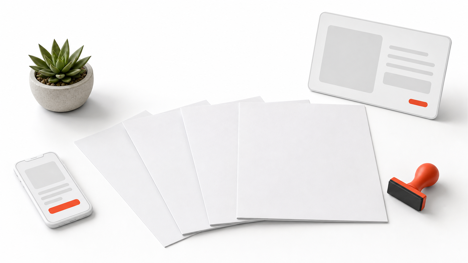 Five identical paper sheets are fanned out on a table, with a rubber stamp beside the last one.