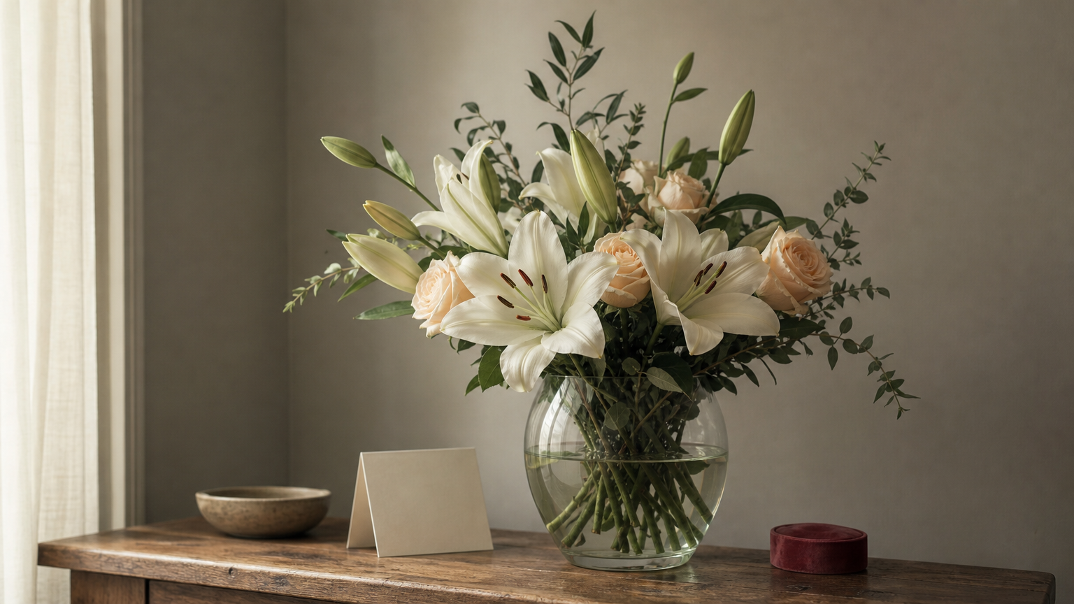 A glass vase of lilies and roses with leafy greenery standing on a side table.
