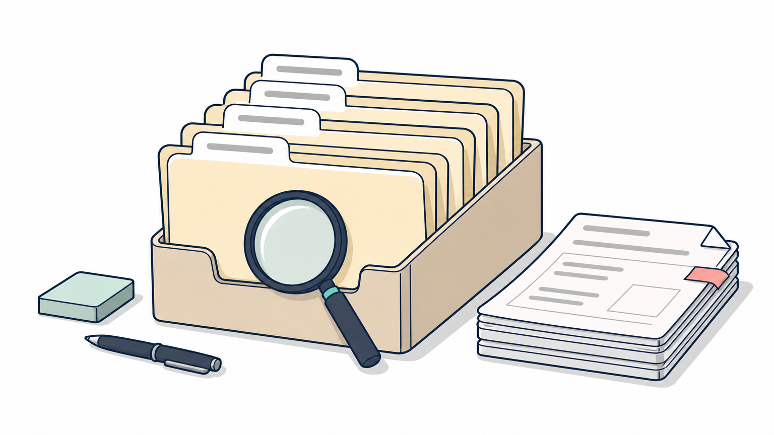 File folders labeled by payer stand on a desk, with a magnifying glass resting on one of them.