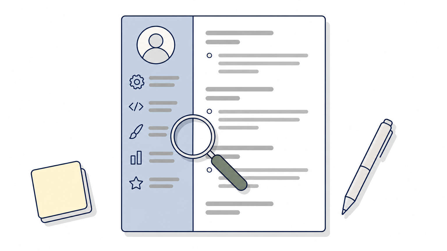 A printed two-column resume where the skills sidebar runs into the work history, with a magnifying glass over the join.