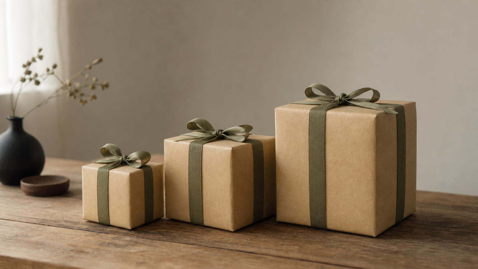 Three gift boxes stand in a row, growing larger from left to right.