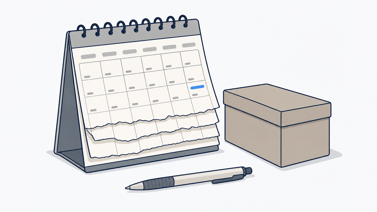 Ein Wandkalender mit abgerissenen Blättern steht neben einem geschlossenen Pappkarton auf einem Schreibtisch.