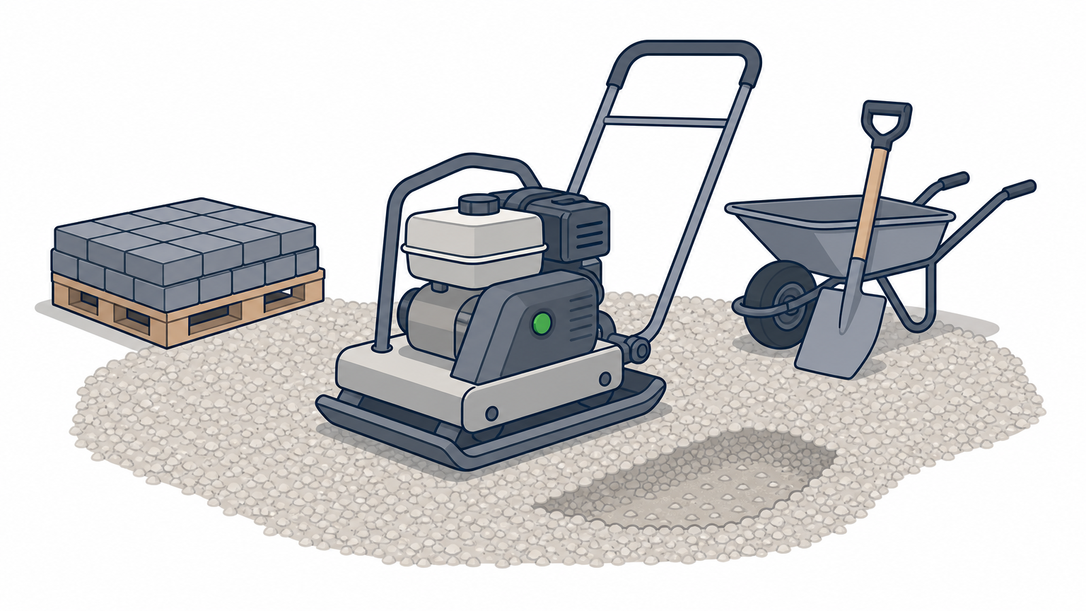 A plate compactor sitting on a gravel base next to a pallet of pavers and a wheelbarrow.