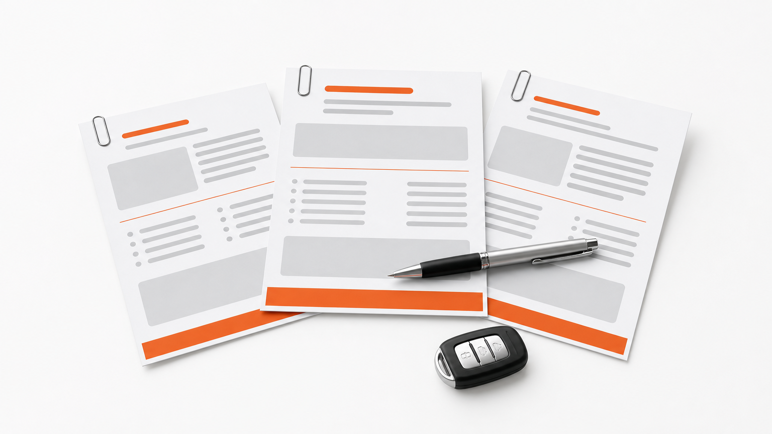 Three printed offer sheets fanned out on a desk with a pen and a car key fob beside them.