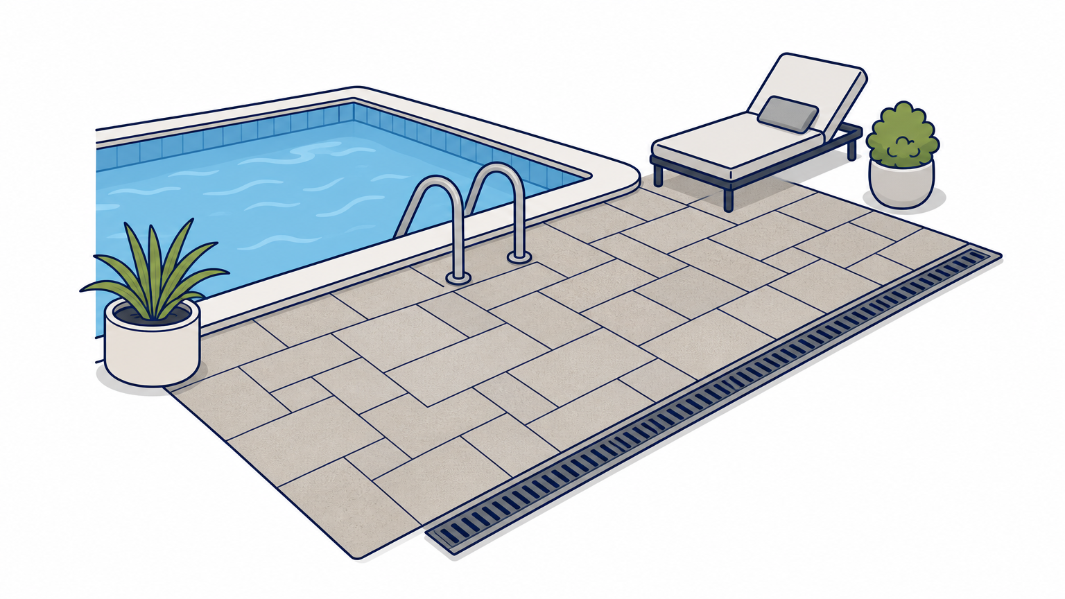 A paver pool deck slopes away from the water toward a drain grate beside a pool ladder.