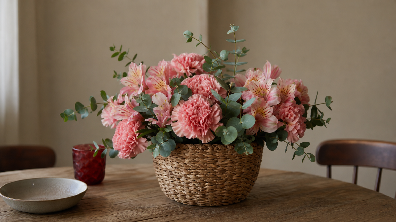 A woven basket of carnations, astromelia and eucalyptus sitting on a dining table.