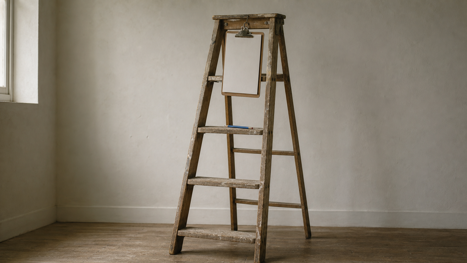 A single wooden stepladder stands against a wall with a clipboard hanging from its top rung.