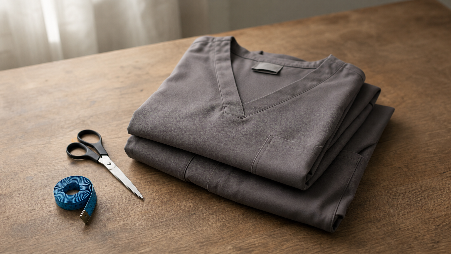 Folded tailored scrub top and pants on a table beside a rolled tape measure and scissors.