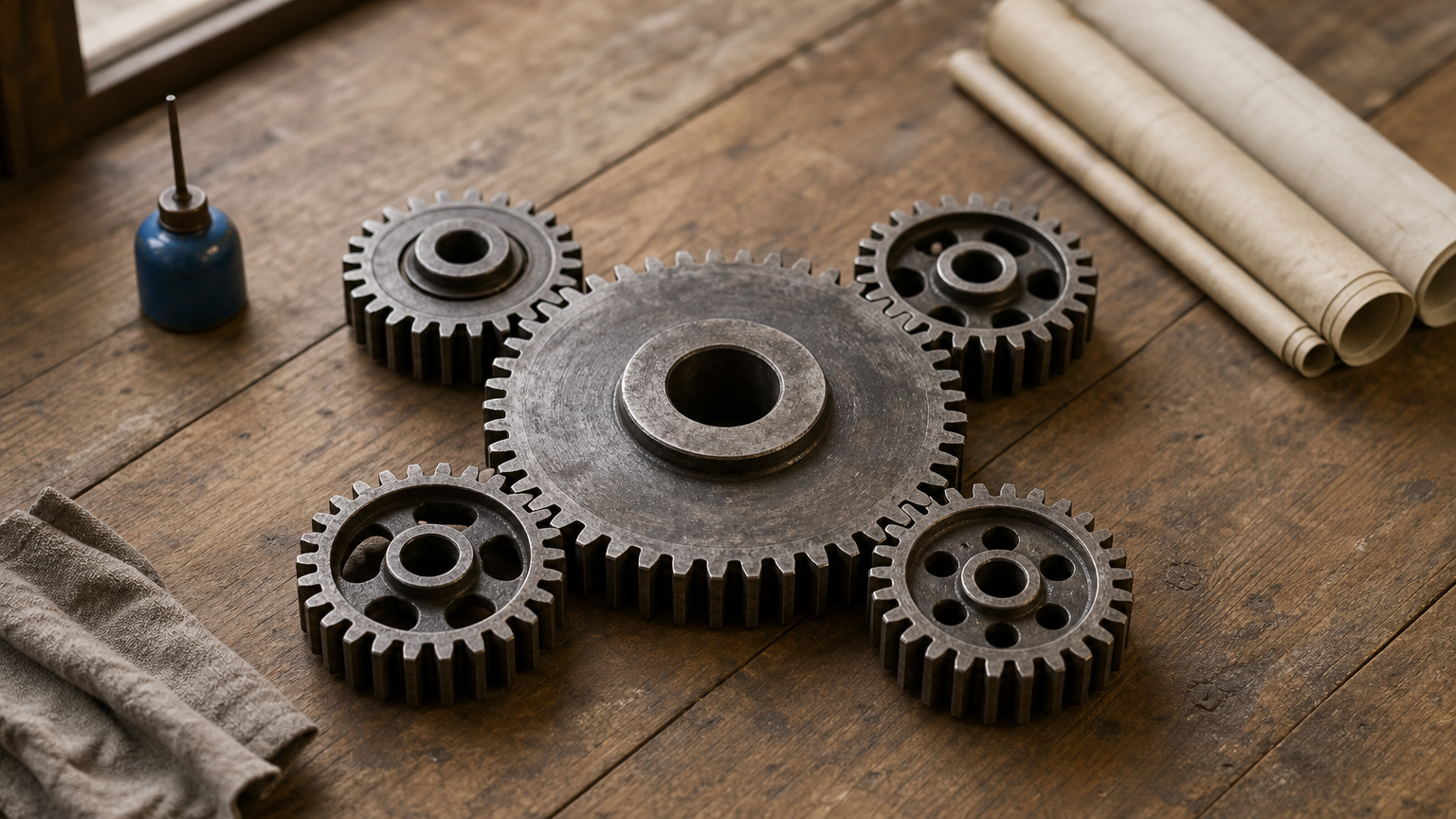 Five interlocking gears of different sizes sit on a wooden table, with rolled plans at one edge.