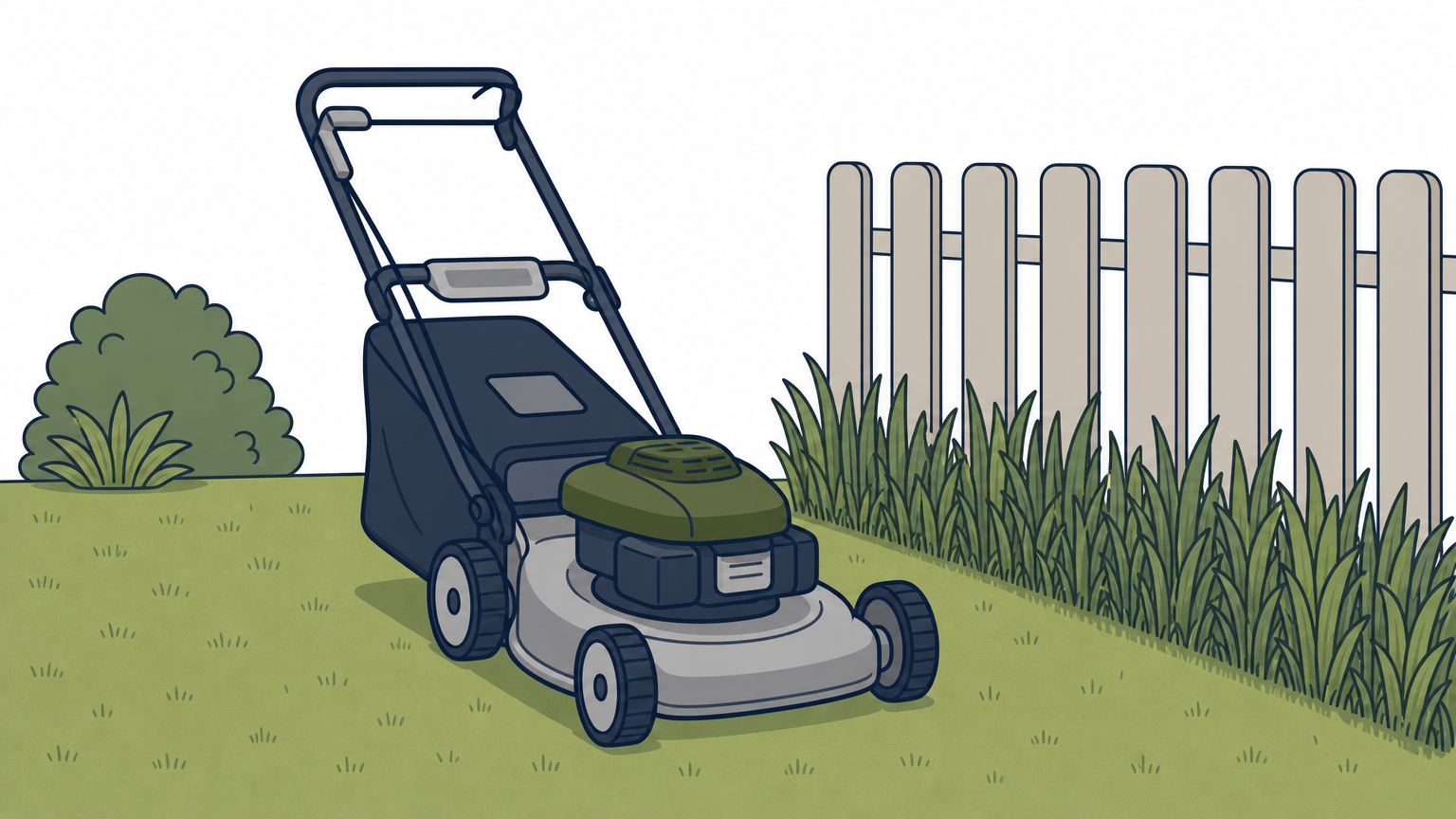 A push mower sits on a sunny lawn next to a shaded strip of taller grass along a fence.