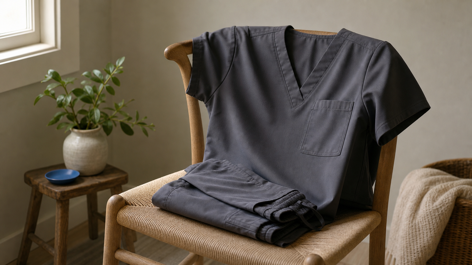 Knit scrub top draped over a chair with folded knit pants resting on the seat.