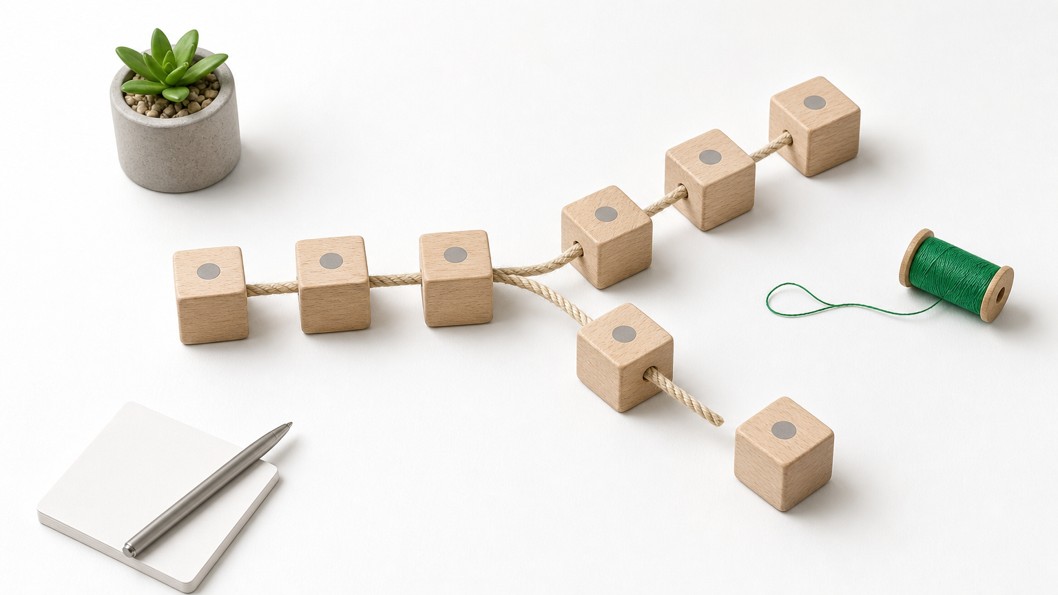 Numbered wooden blocks connected by rope into a branching path on a workbench, with a spool of thread beside them.