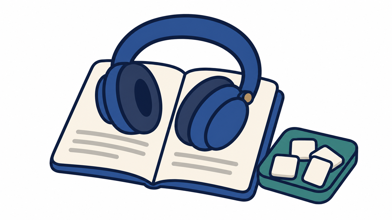 Headphones rest on an open notebook next to a tray of letter tiles, one turned face up.