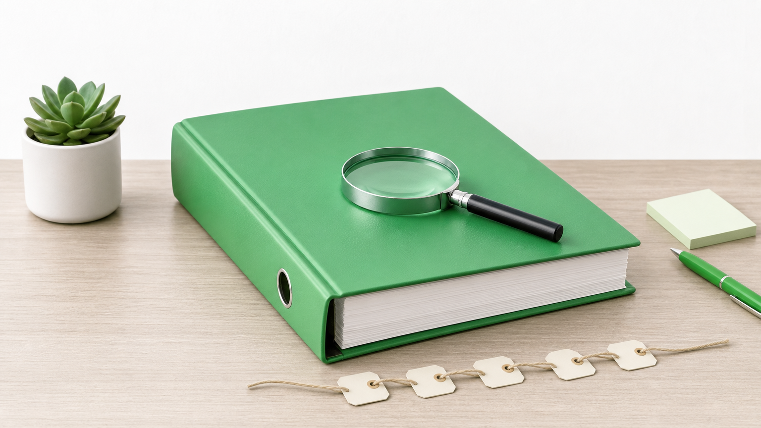 A closed ledger binder on a desk with a magnifying glass on top and numbered tags tied in a row beside it.