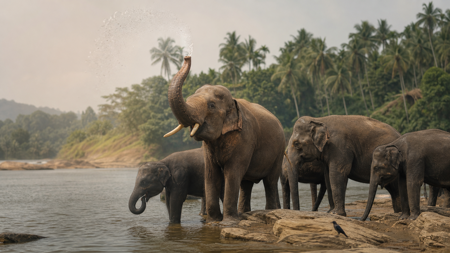A herd of elephants drinks and bathes at a riverbank, with an island and palm trees behind them.