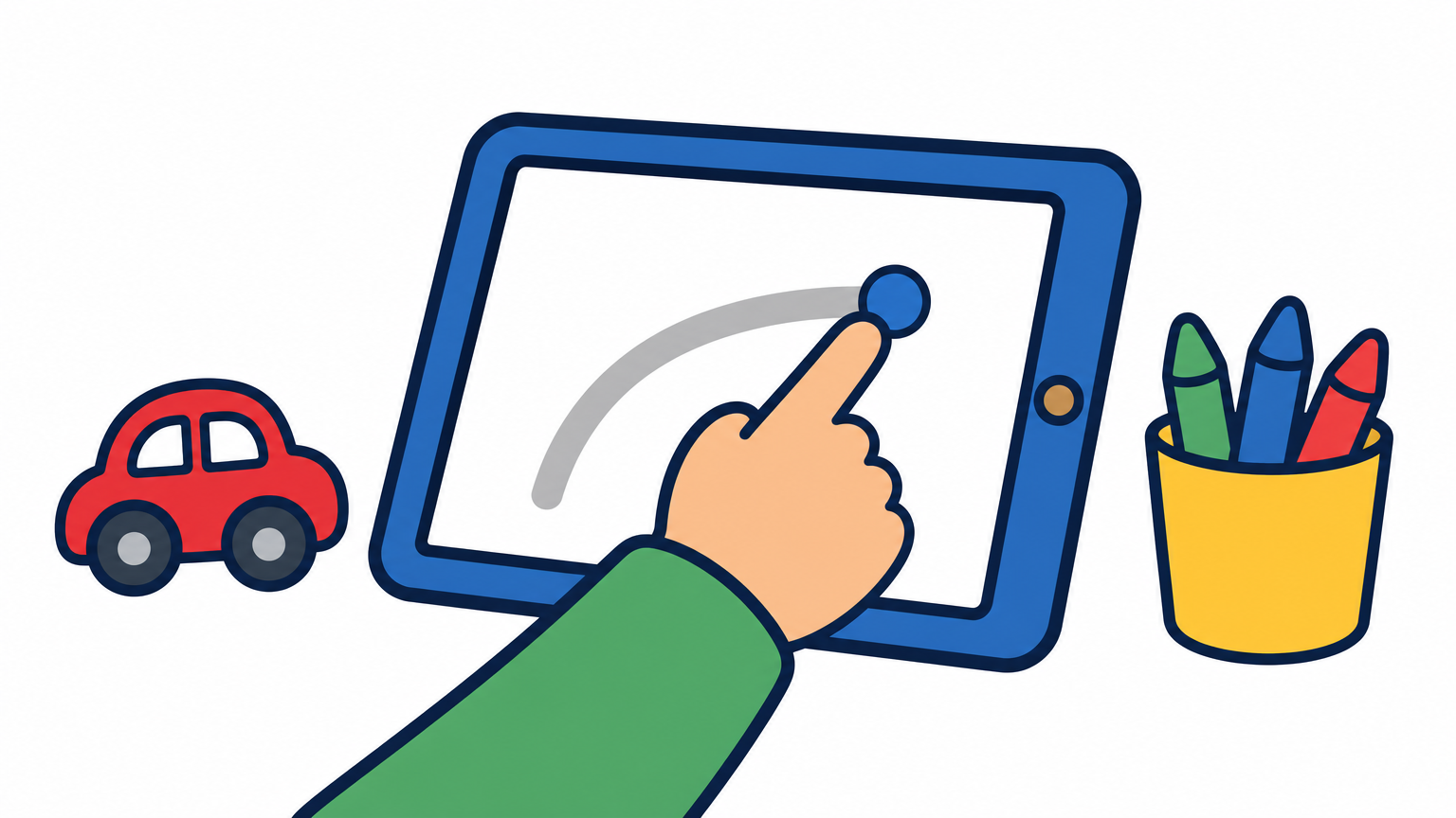 A child's finger traces a curved stroke on a tablet beside a toy car and a cup of crayons.