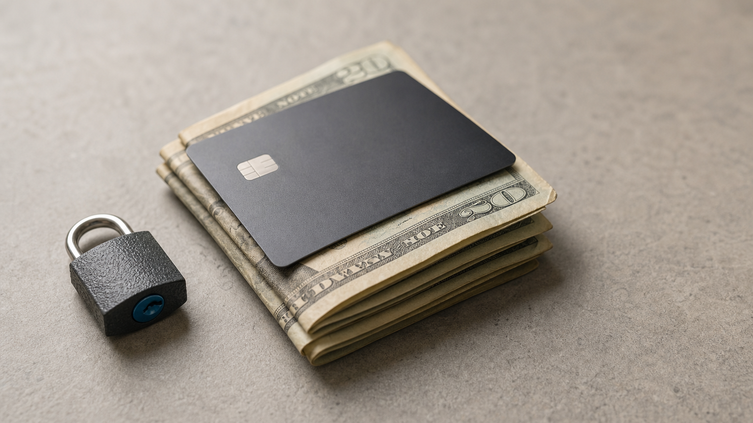 A plastic credit card rests on a stack of cash beside a small padlock.