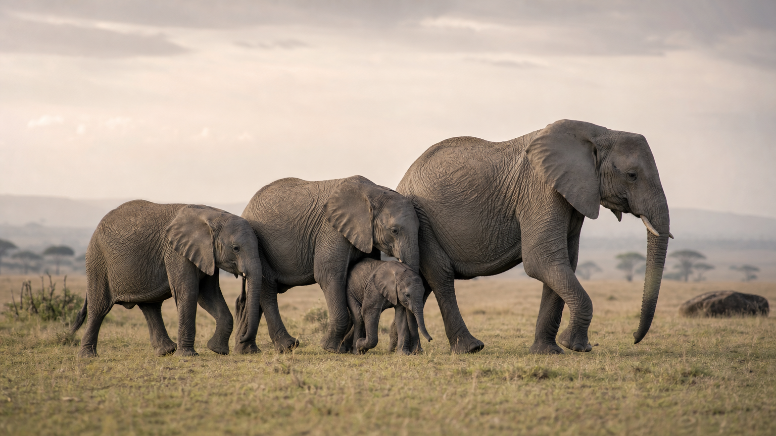 An elephant family walks across grassland, with a small calf protected in the middle of the group.