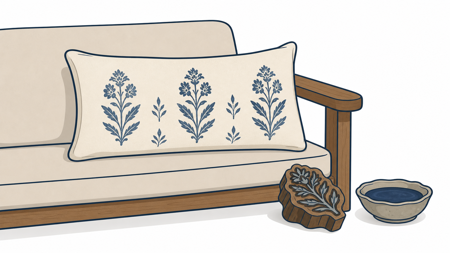 A lumbar linen pillow cover with a stamped floral print rests on a sofa arm beside a carved wooden block.