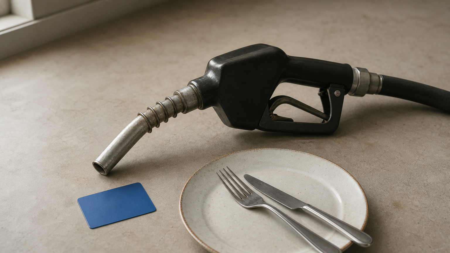 A gas pump nozzle, a dinner plate, and a plastic card sit together on a counter.