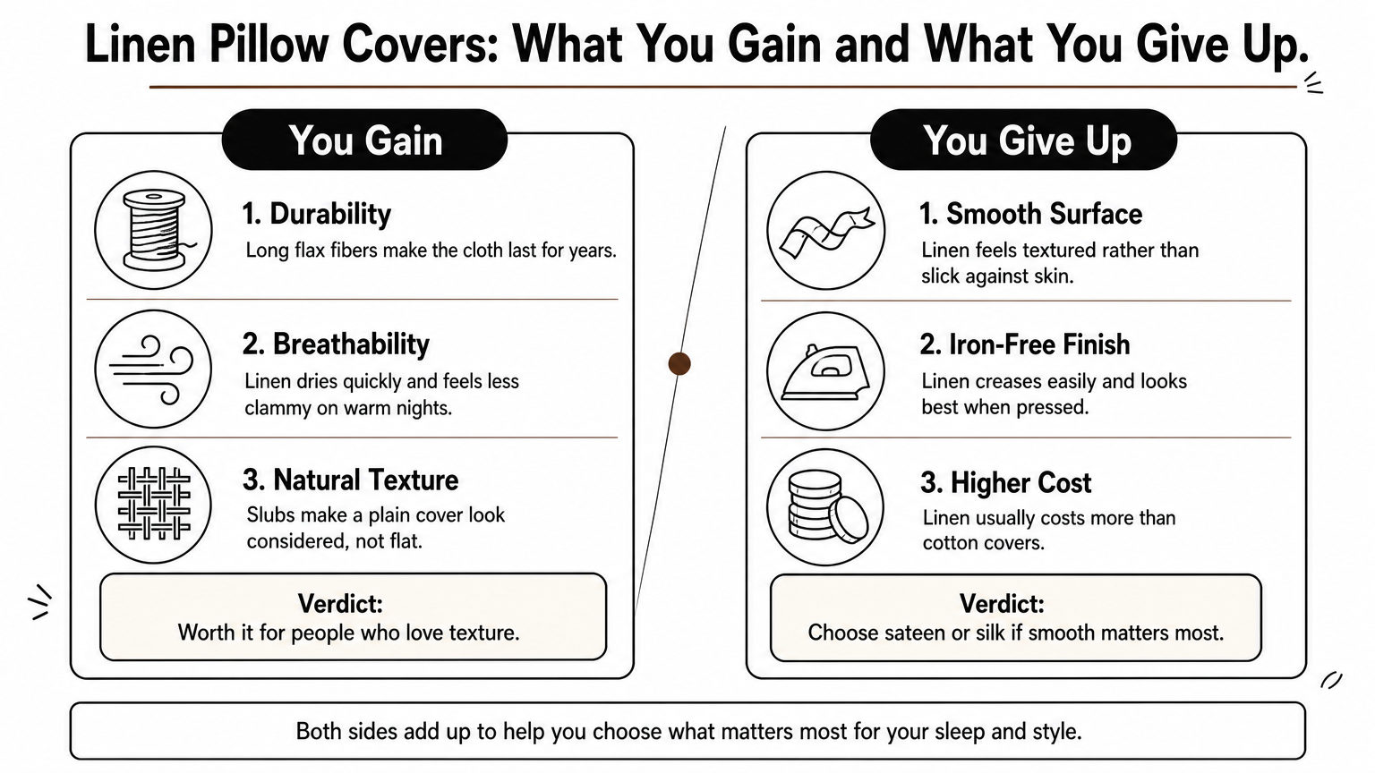 A two-sided comparison listing what linen pillow covers gain, such as durability and breathability, against what they cost, such as smoothness.