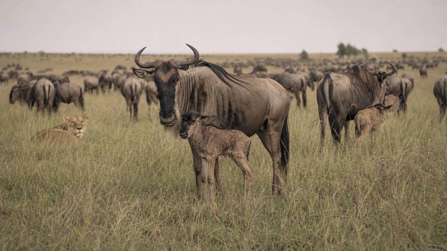 A long column of wildebeest crossing open plains while a lioness rests in the grass nearby.