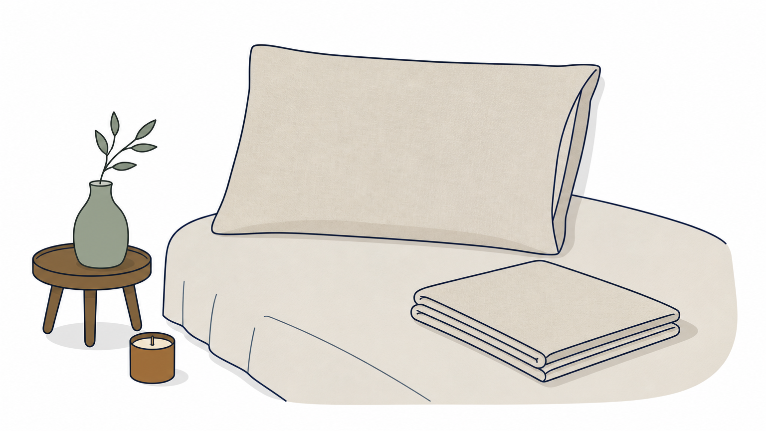 A linen pillowcase with a tucked envelope closure lies on a made bed beside a folded sheet.