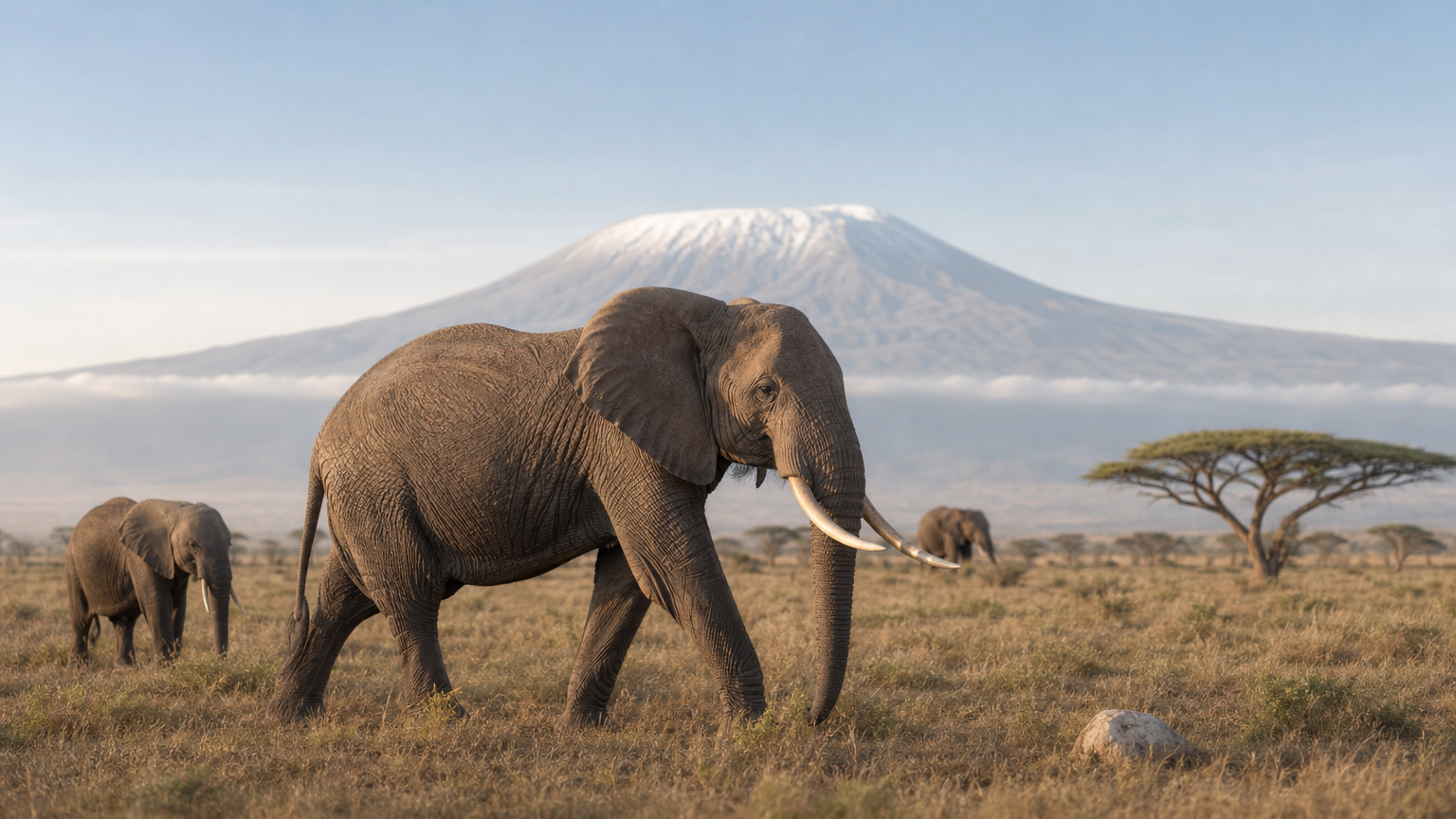 An elephant herd crosses open savanna with Mount Kilimanjaro rising in the background.