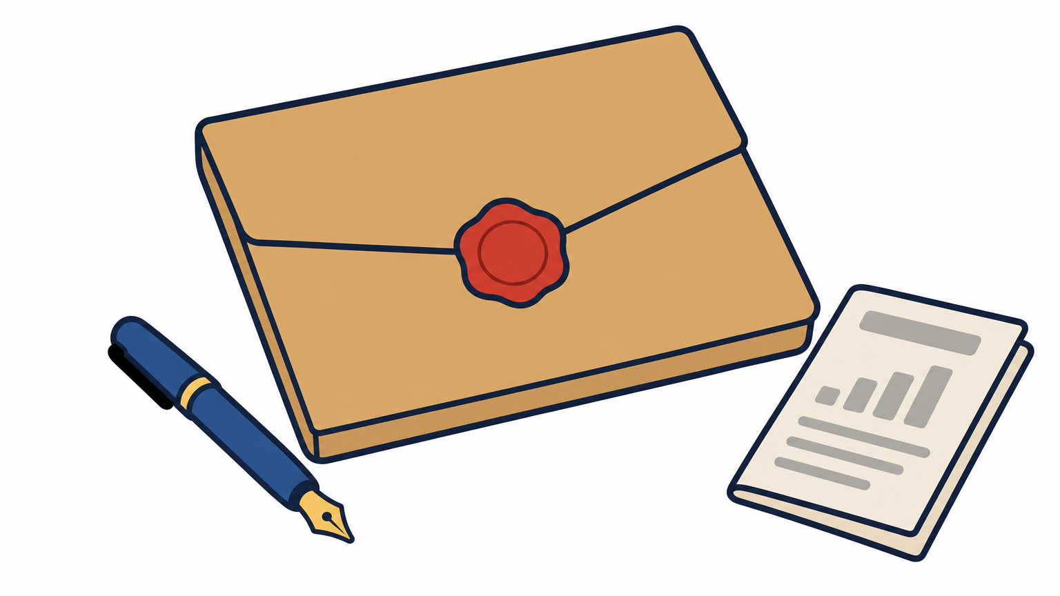 A sealed folder with a wax stamp rests on a desk beside a pen and a folded sales report.