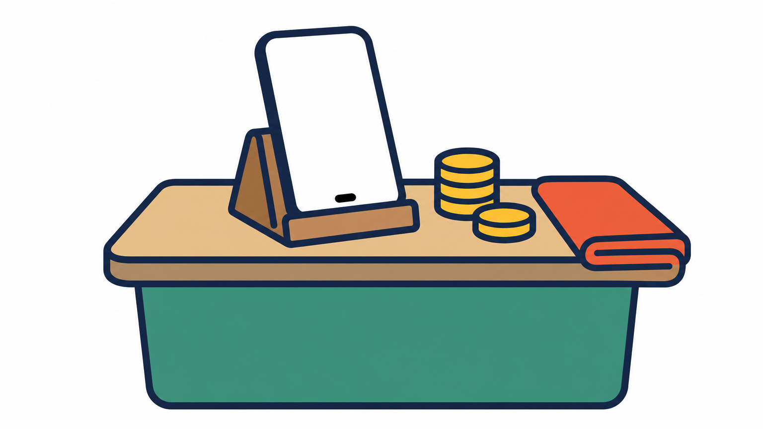 A smartphone on a stand at a small market counter, beside a stack of coins and a folded cloth.