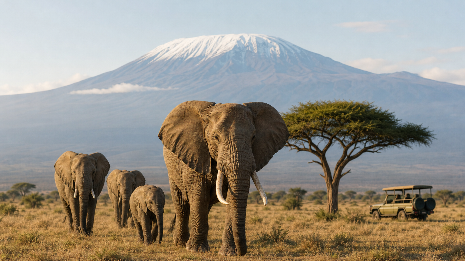 Elephants walk across open plains with Mount Kilimanjaro rising in the background.
