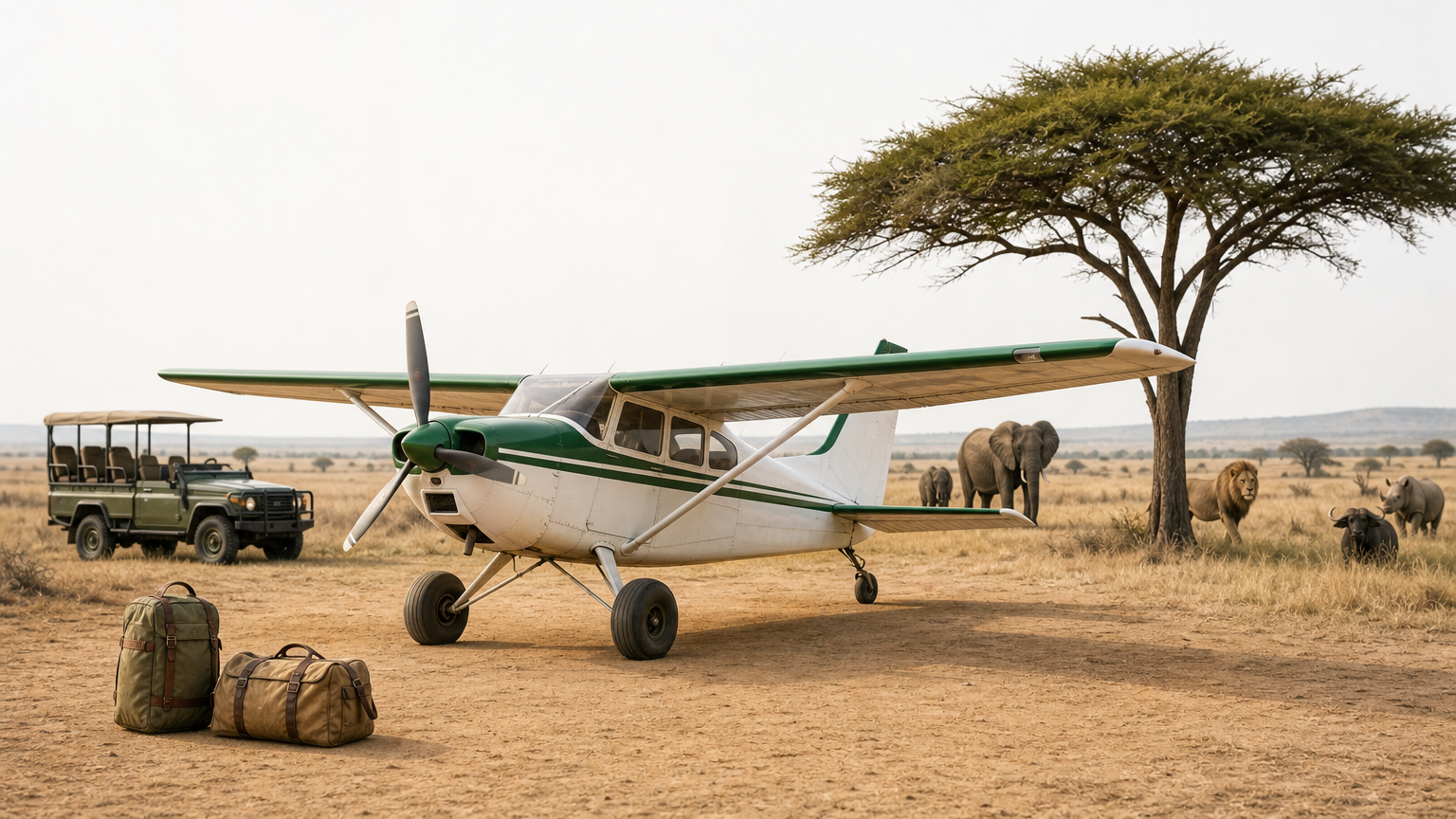 A small bush plane rests on a dirt airstrip beside a waiting safari vehicle and luggage.