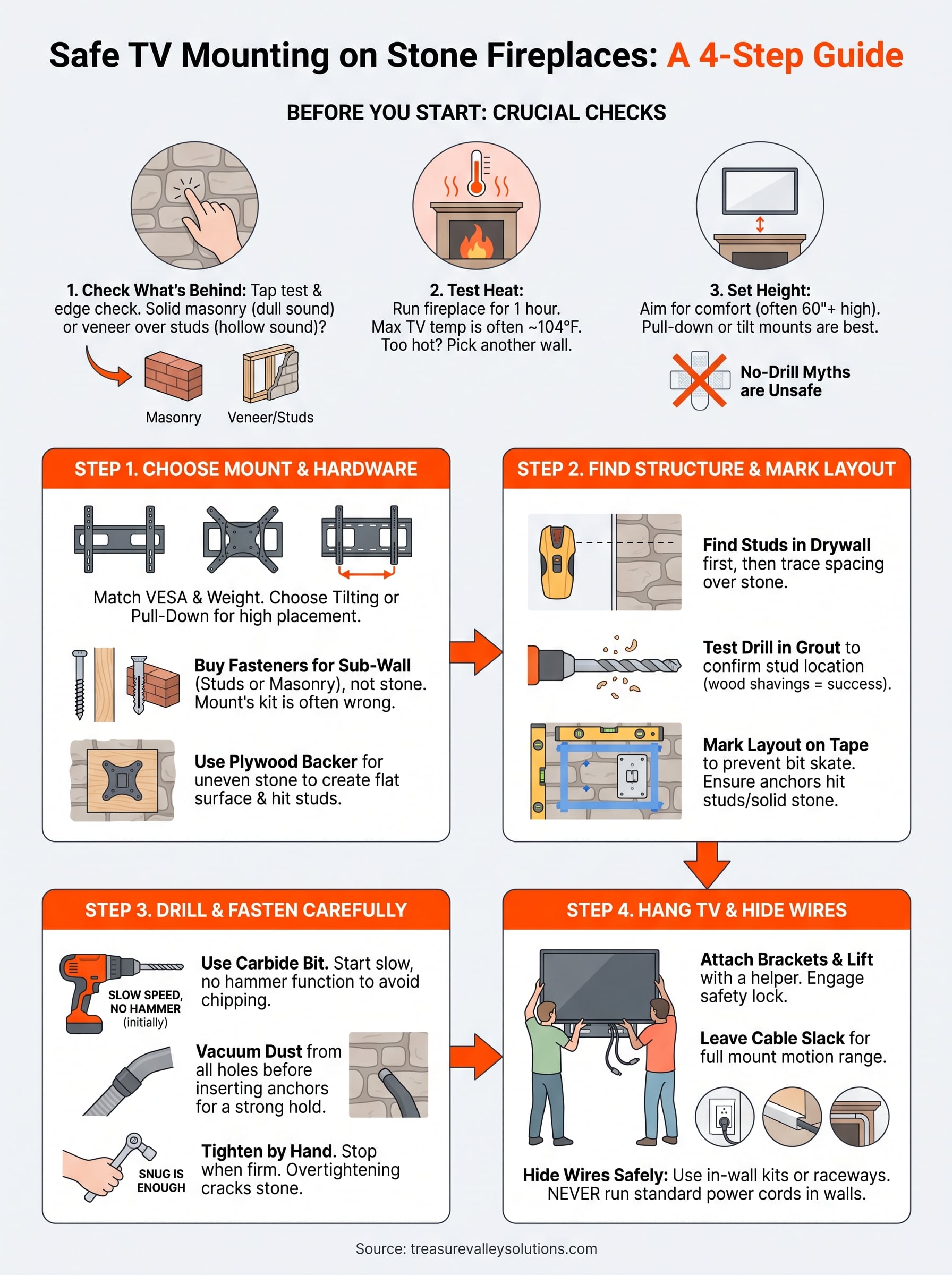 mount tv to stone fireplace infographic