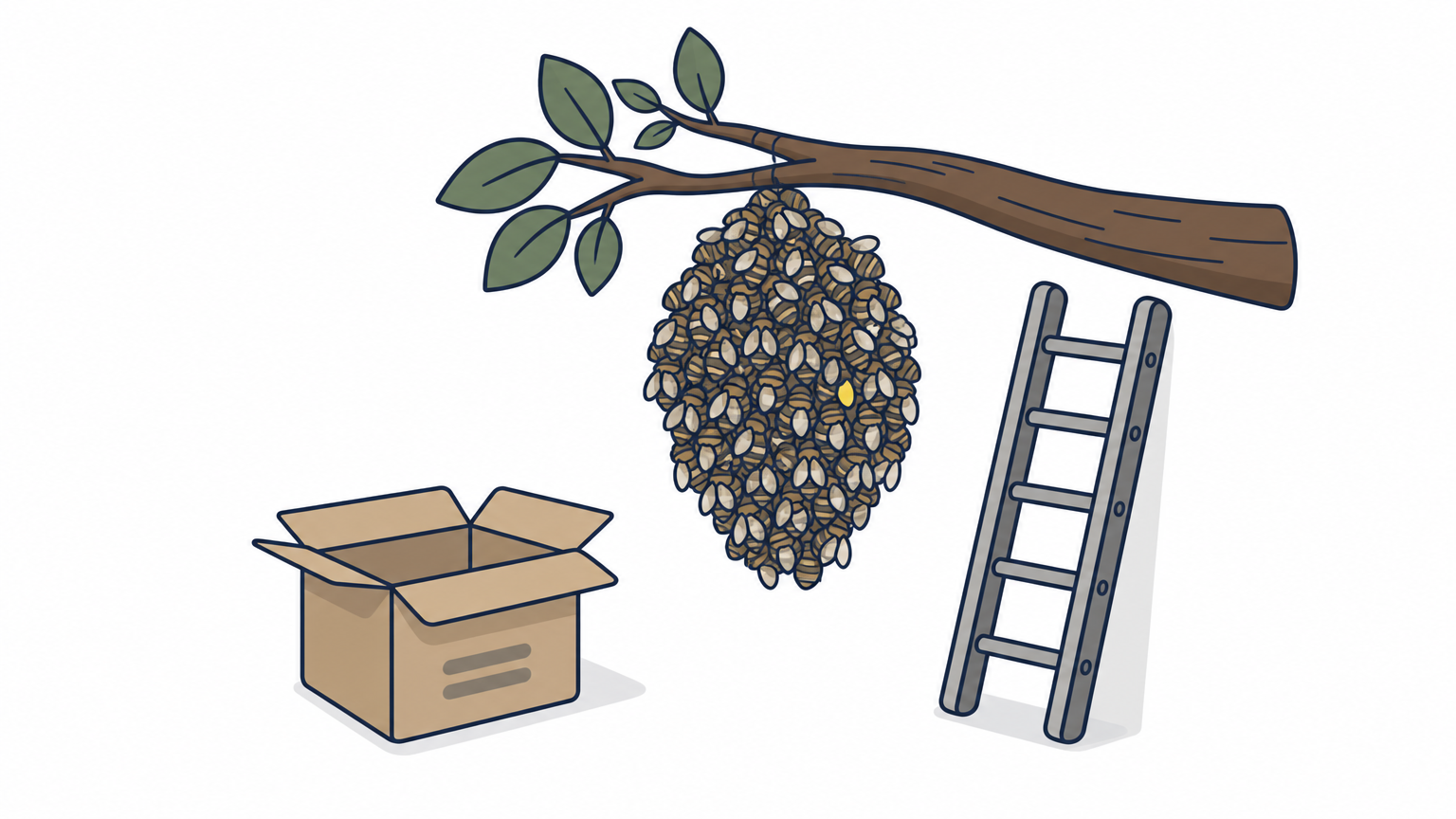 A cluster of bees hangs from a branch beside an open box, ready for a beekeeper to collect the swarm.