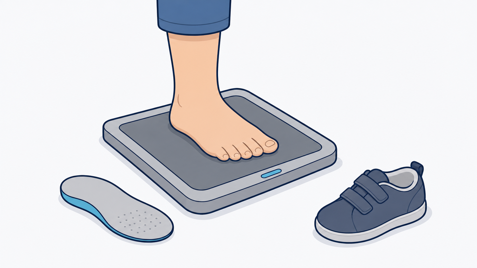 A child's bare foot on a pressure plate with a custom orthotic and a shoe beside it.