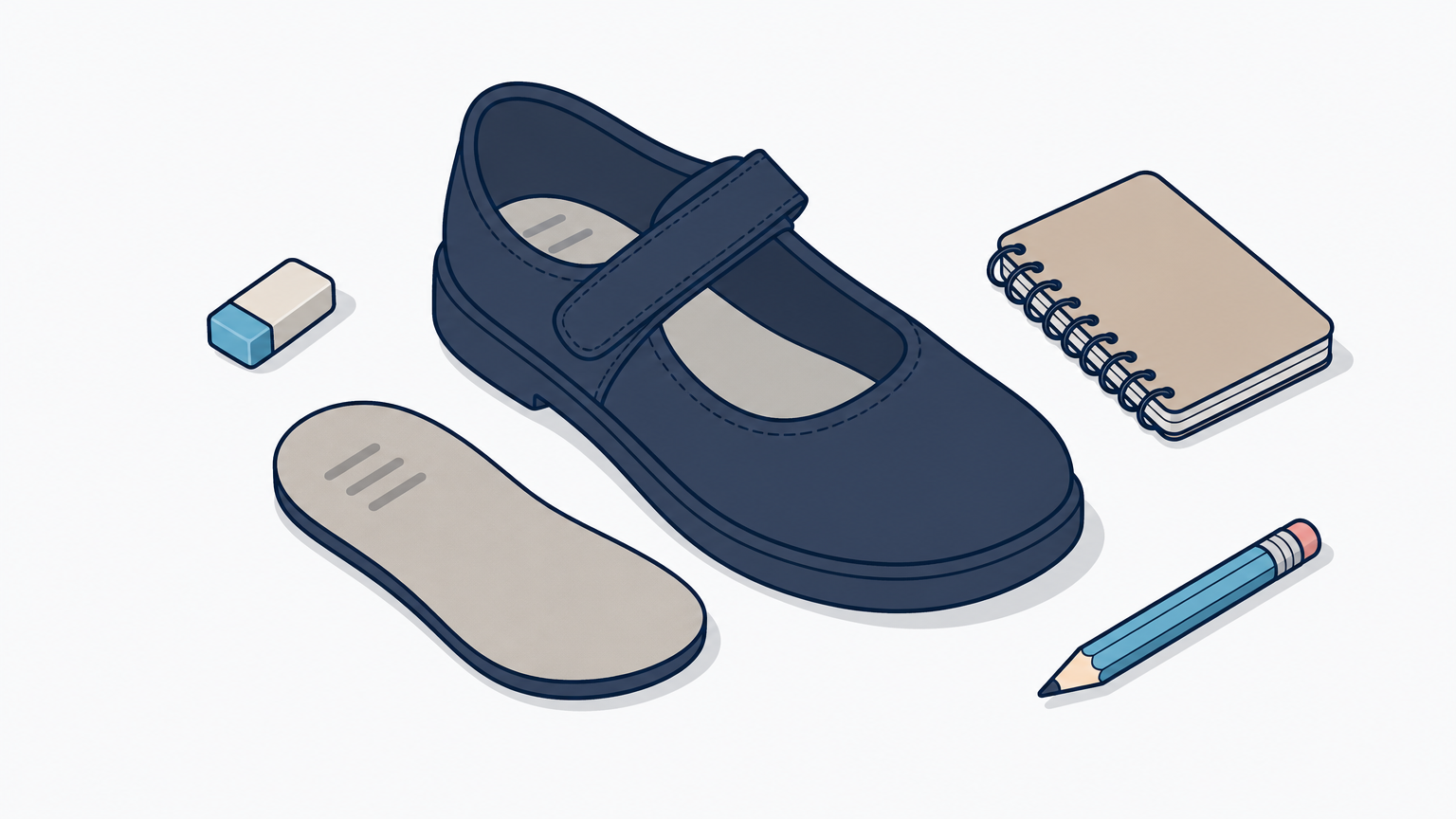 A three-quarter-length insole lying beside an open school shoe, stopping short of the toe area.