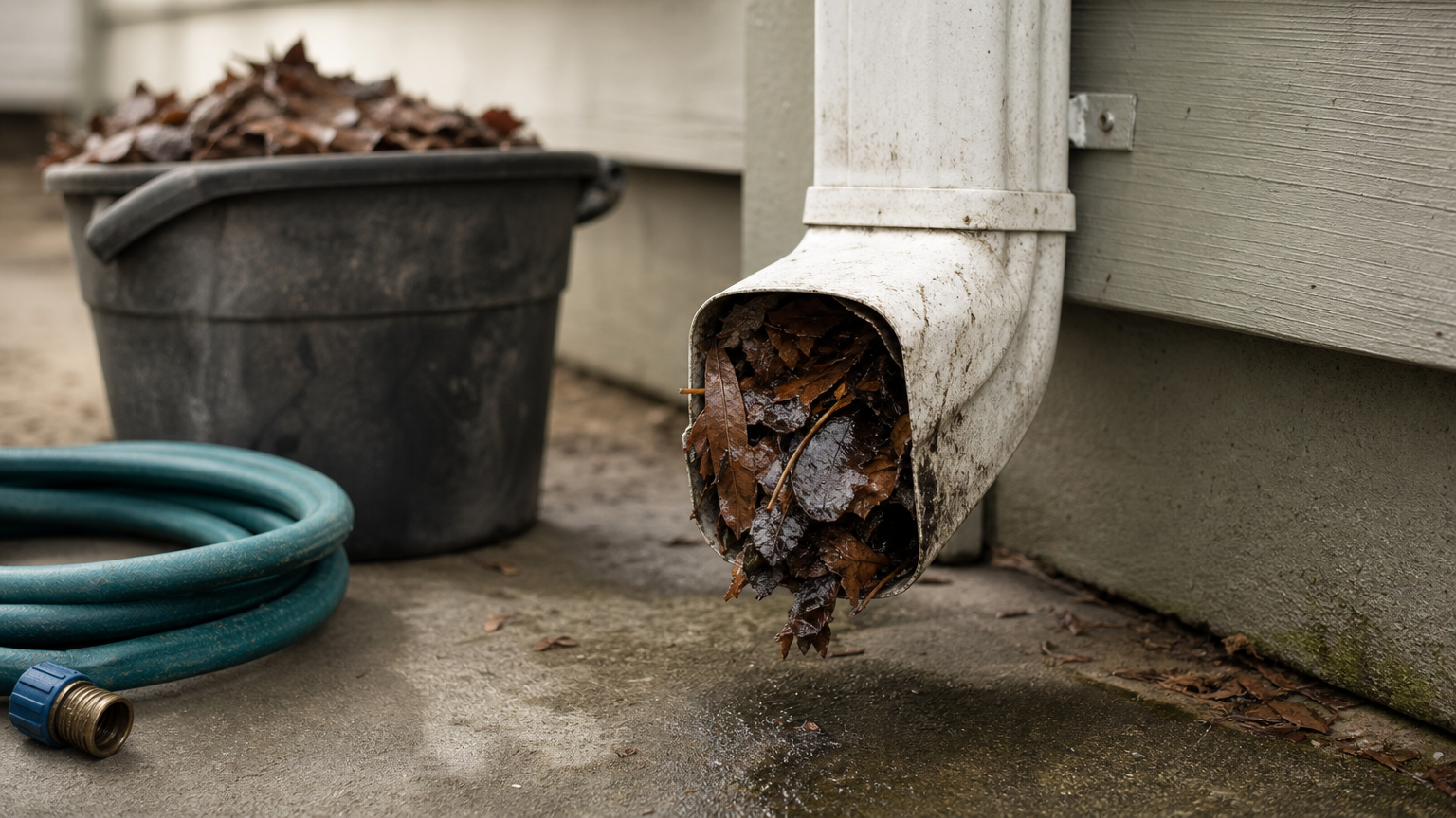 A gutter outlet packed with wet leaves, with a debris bucket and coiled hose on the ground below.