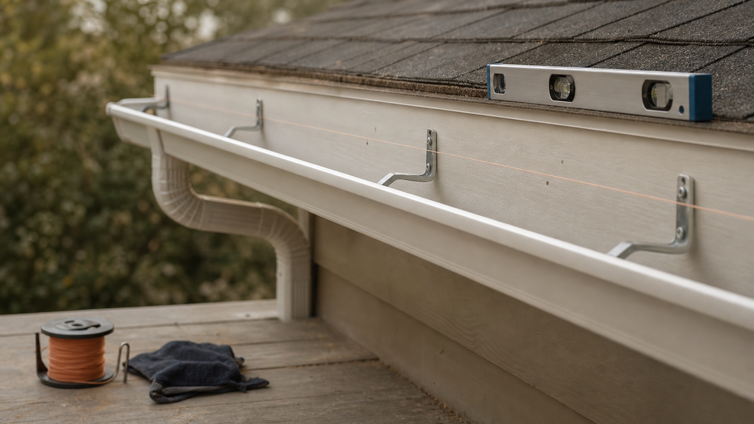 A gutter run on a fascia board with a chalk line marking the slope toward the downspout.