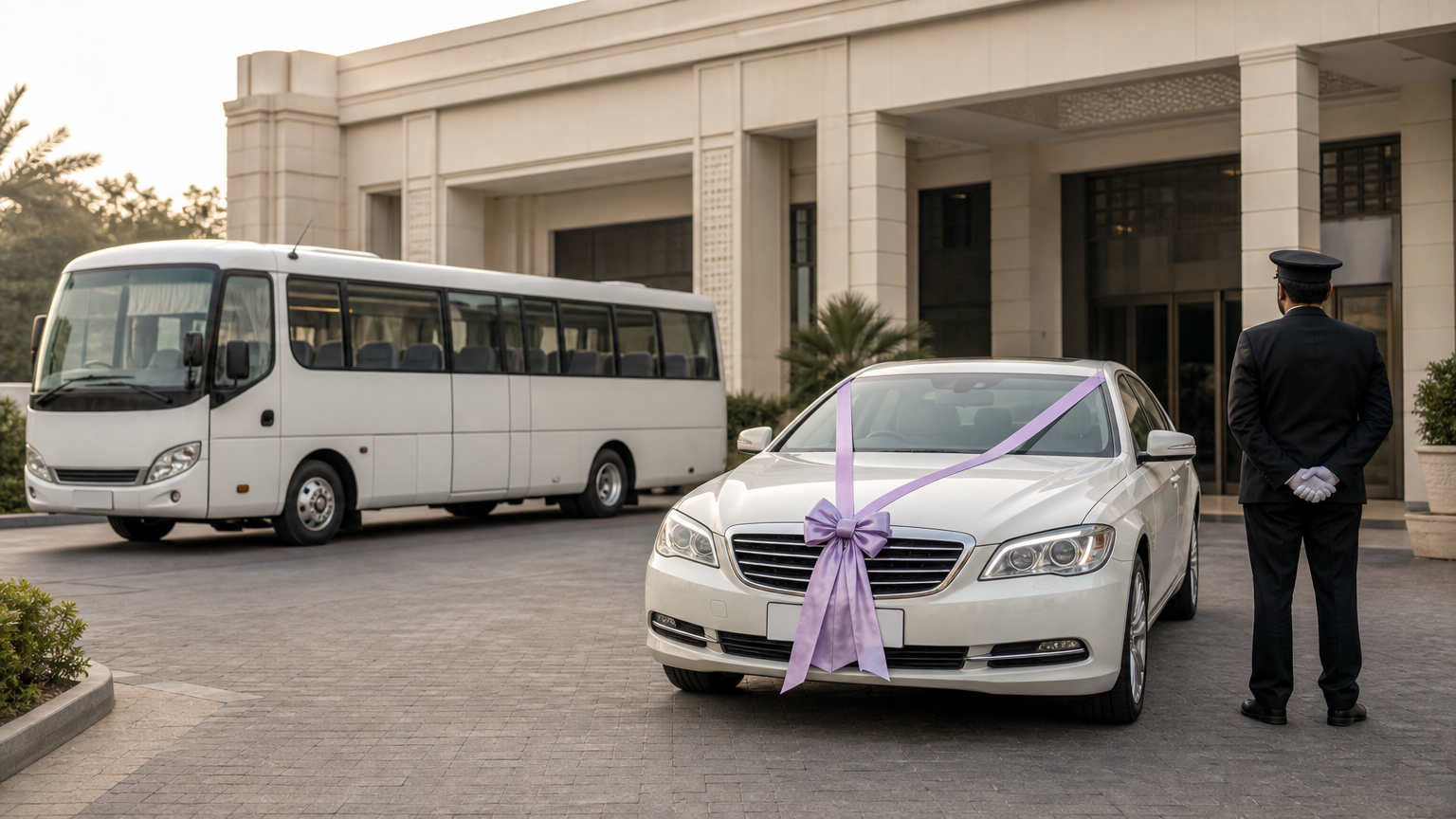 A bridal car with a ribbon bow parked beside a 25-seater coaster bus at a banquet hall entrance.