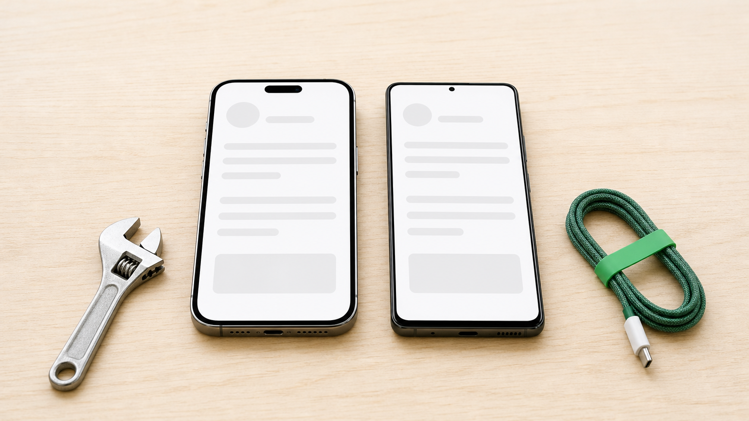 Two smartphones lie side by side on a workbench with a wrench and a coiled cable beside them.