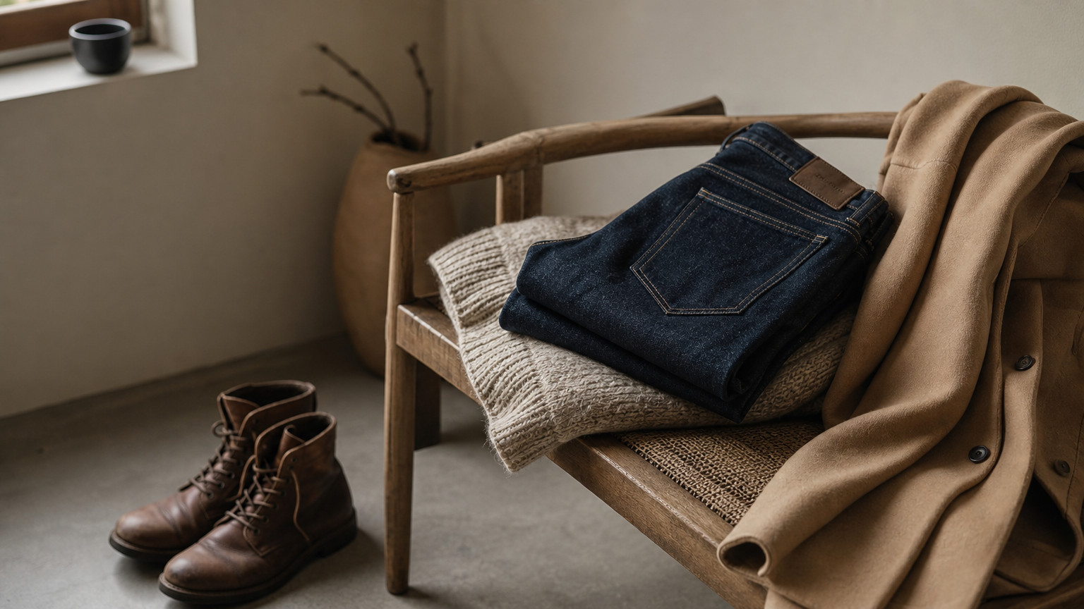 Folded jeans, a knit sweater, a wool coat, and leather boots arranged on a wooden bench.